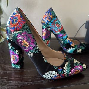 Embroidered floral high heel pumps